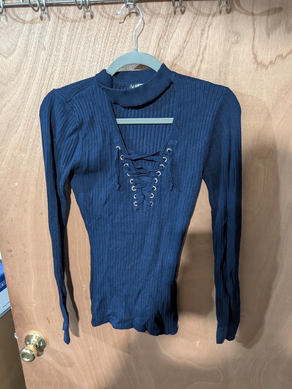 VENUS Navy Ribbed Lace-Up Long Sleeve Top
